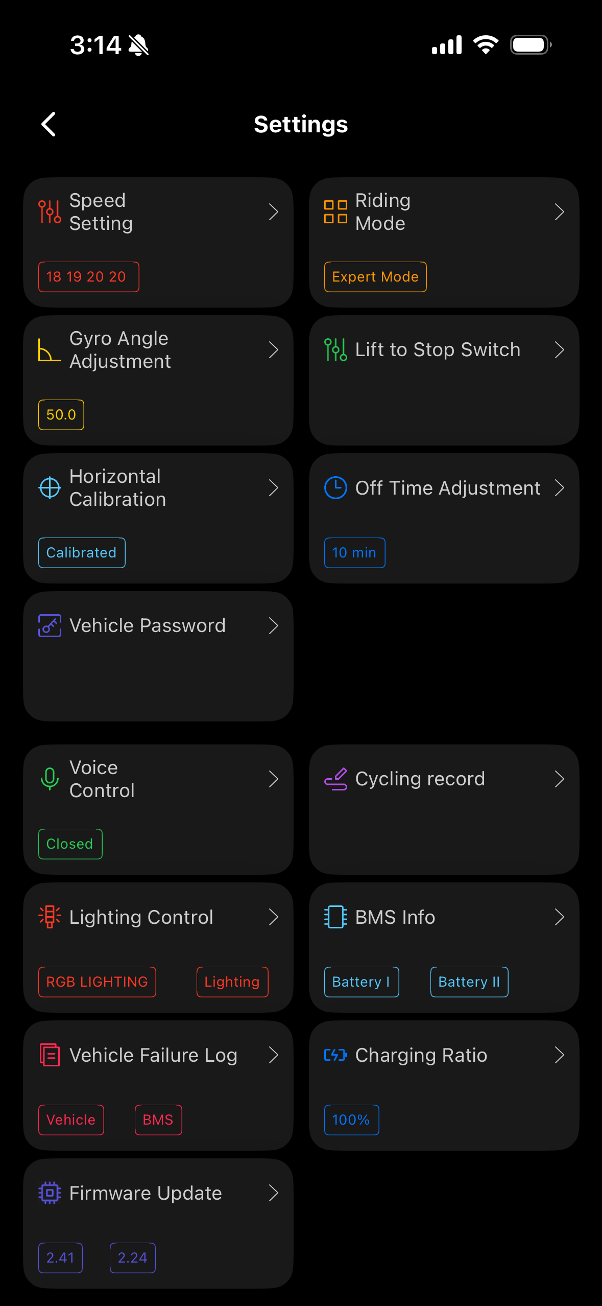 KingSong App ride and safety settings