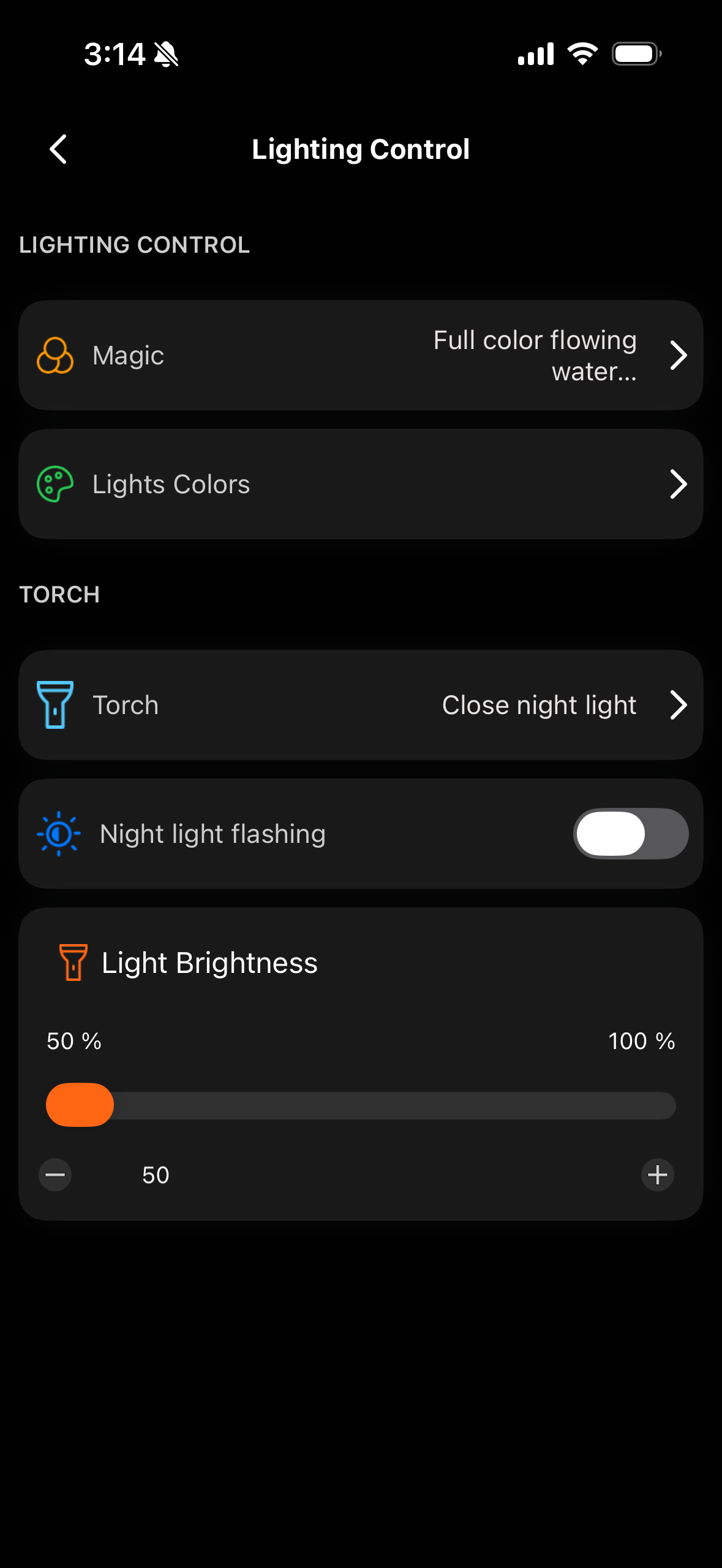 KingSong App lighting control screen